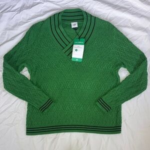 CAbi Green V-Neck Cable Knit Sweater with Black Trim